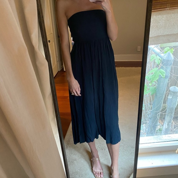 Navy Blue Strapless Linen Blend Midi Dress Tie Back Sz S - Picture 2 of 6